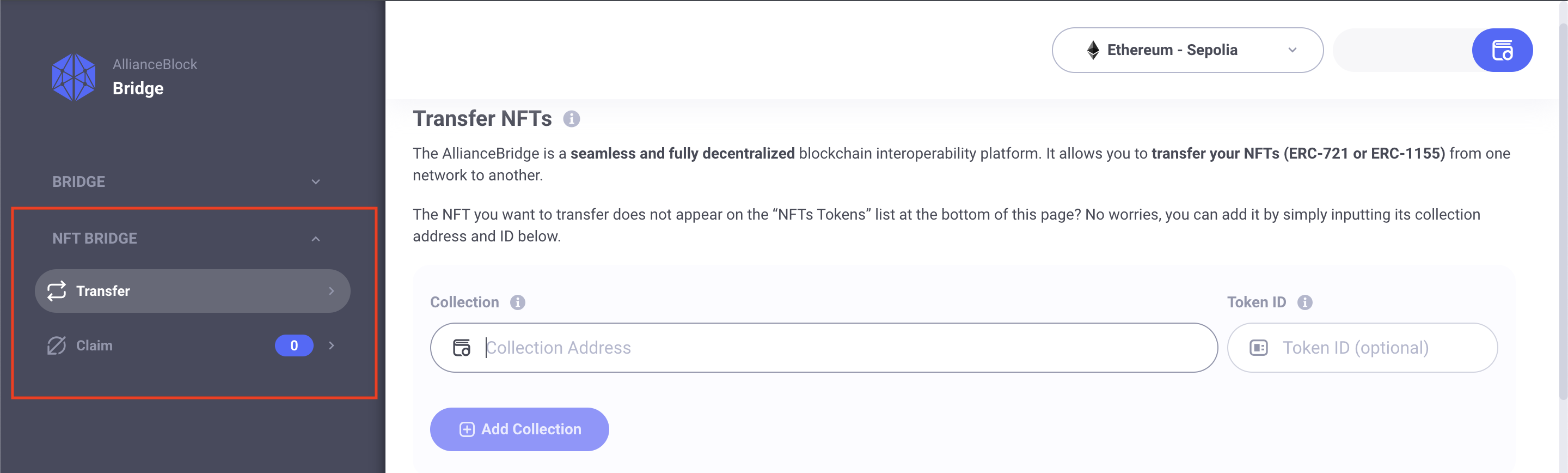 Nexera Interoperability Protocol ERC721 Transfer